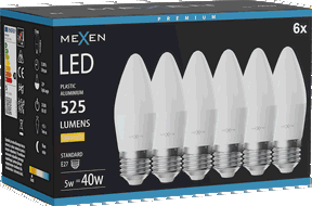 Mexen Nova 6x LED spuldze E27, C37, 5W, Silts - 3000K, 525 lm - L102-E27-0530-01x06