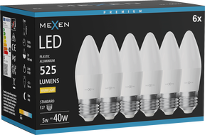 Mexen Nova 6x LED žarulja E27, C37, 5W, Topla - 3000K, 525 lm - L102-E27-0530-01x06