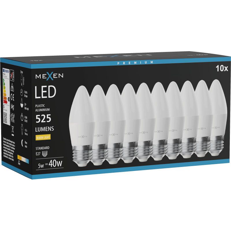 Mexen Nova 10x ampoule LED E27, C37, 5W, Chaude - 3000K, 525 lm - L102-E27-0530-01x10