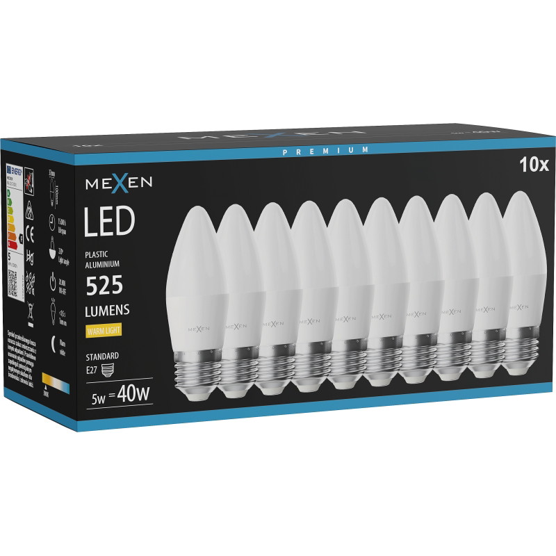 Mexen Nova 10x Bombilla LED E27, C37, 5W, Cálida - 3000K, 525 lm - L102-E27-0530-01x10
