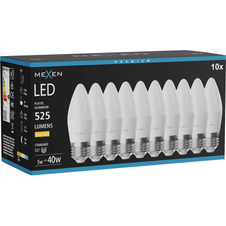 Mexen Nova 10x Bombilla LED E27, C37, 5W, Cálida - 3000K, 525 lm - L102-E27-0530-01x10