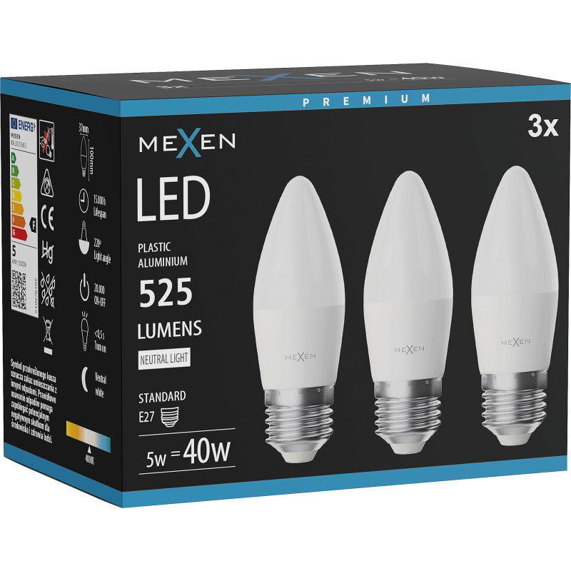 Mexen Nova 3x Bombilla LED E27, C37, 5W, Neutra - 4000K, 525 lm - L102-E27-0540-01x03