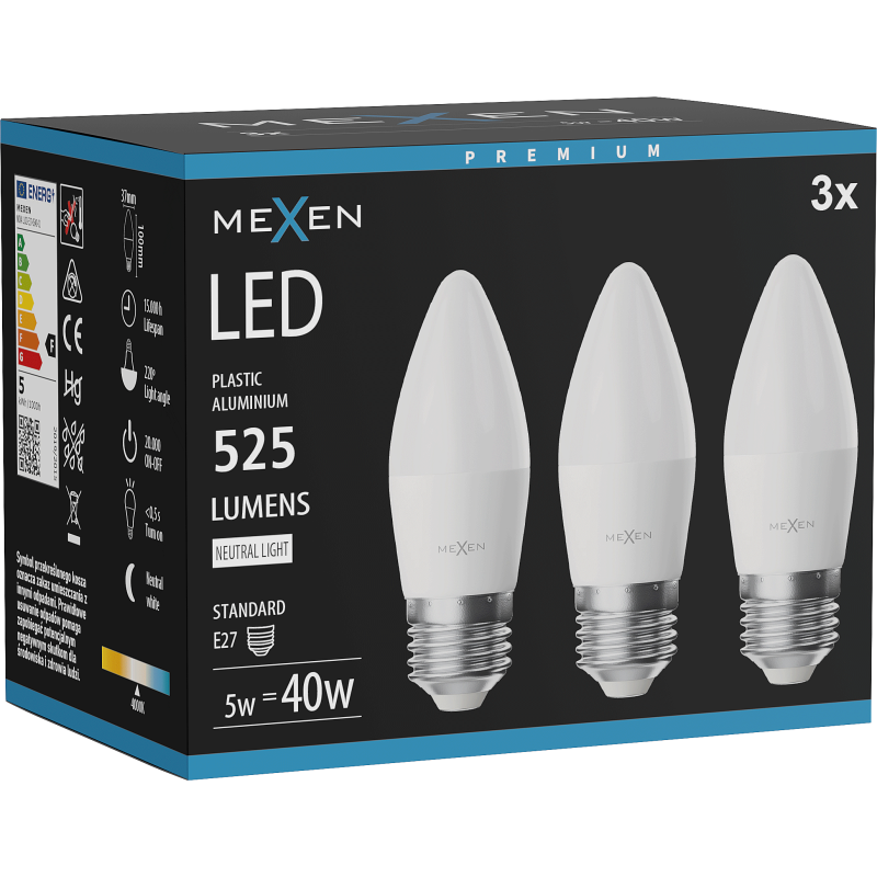 Mexen Nova 3x Lampadina LED E27, C37, 5W, Neutra - 4000K, 525 lm - L102-E27-0540-01x03