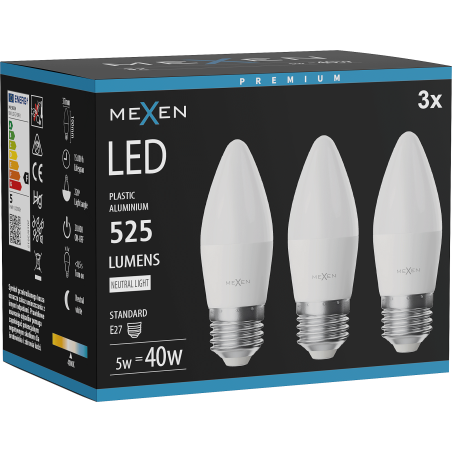 Mexen Nova 3x LED-Glühbirne E27, C37, 5W, Neutral - 4000K, 525 lm - L102-E27-0540-01x03