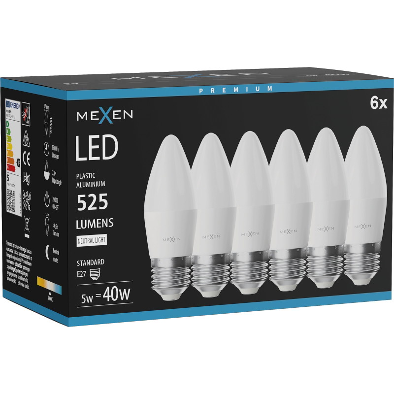Mexen Nova 6x LED-lampa E27, C37, 5W, Neutral - 4000K, 525 lm - L102-E27-0540-01x06