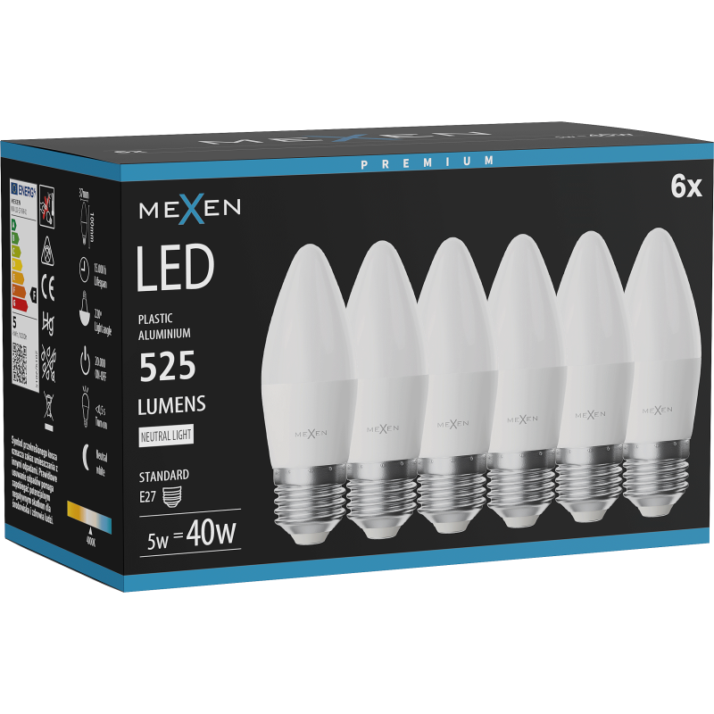 Mexen Nova 6x żarówka LED E27, C37, 5W, Neutralna - 4000K, 525 lm - L102-E27-0540-01x06