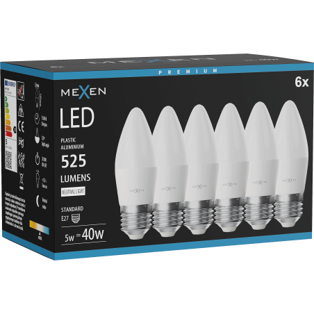 Mexen Nova 6x Bombilla LED E27, C37, 5W, Neutra - 4000K, 525 lm - L102-E27-0540-01x06