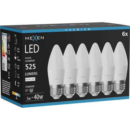 Mexen Nova 6x LED-lamp E27, C37, 5W, Neutraal - 4000K, 525 lm - L102-E27-0540-01x06