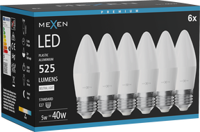 Mexen Nova 6x LED-lamppu E27, C37, 5W, Neutraali - 4000K, 525 lm - L102-E27-0540-01x06