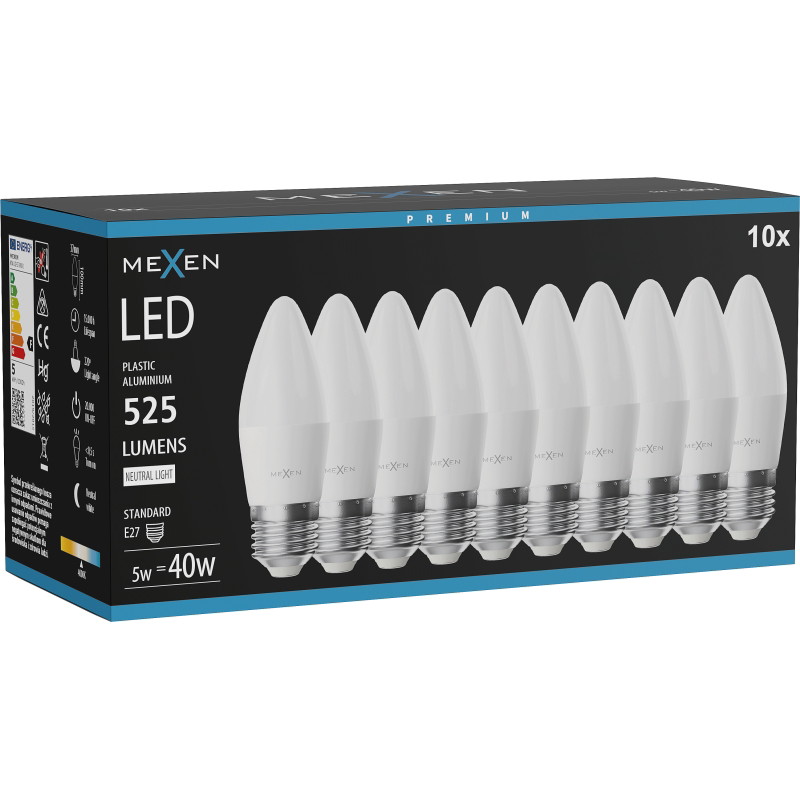 Mexen Nova 10x bombilla LED E27, C37, 5W, Natural - 4000K, 525 lm - L102-E27-0540-01x10