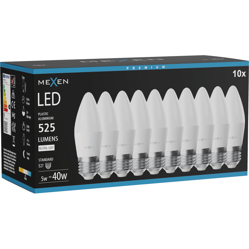 Mexen Nova 10x żarówka LED E27, C37, 5W, Neutralna - 4000K, 525 lm - L102-E27-0540-01x10