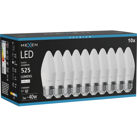Mexen Nova 10x bombilla LED E27, C37, 5W, Natural - 4000K, 525 lm - L102-E27-0540-01x10