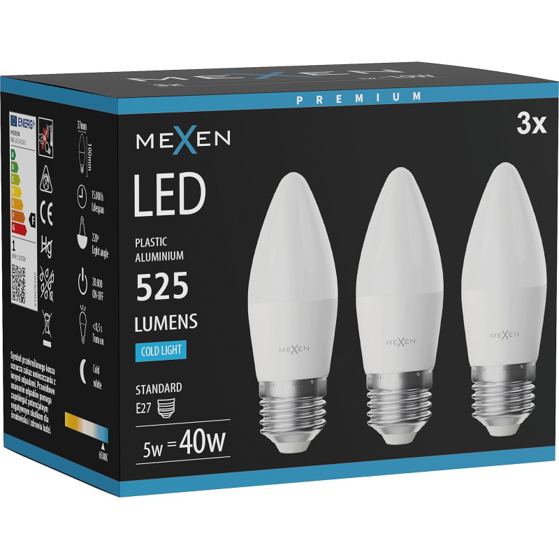 Mexen Nova 3x Bombilla LED E27, C37, 5W, Fría - 6500K, 525 lm - L102-E27-0565-01x03
