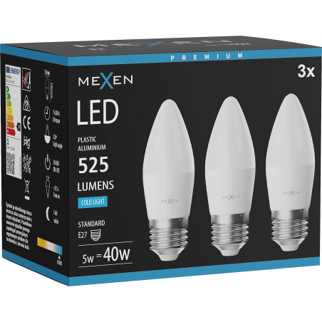 Mexen Nova 3x LED-lamp E27, C37, 5W, Koud - 6500K, 525 lm - L102-E27-0565-01x03