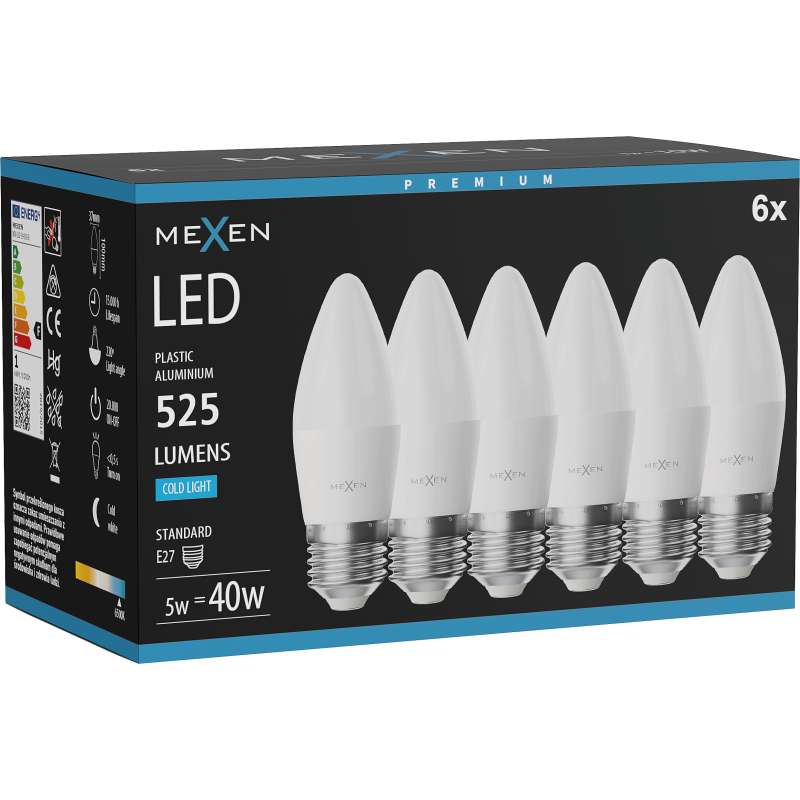 Mexen Nova 6x LED Bulb E27, C37, 5W, Cool - 6500K, 525 lm - L102-E27-0565-01x06