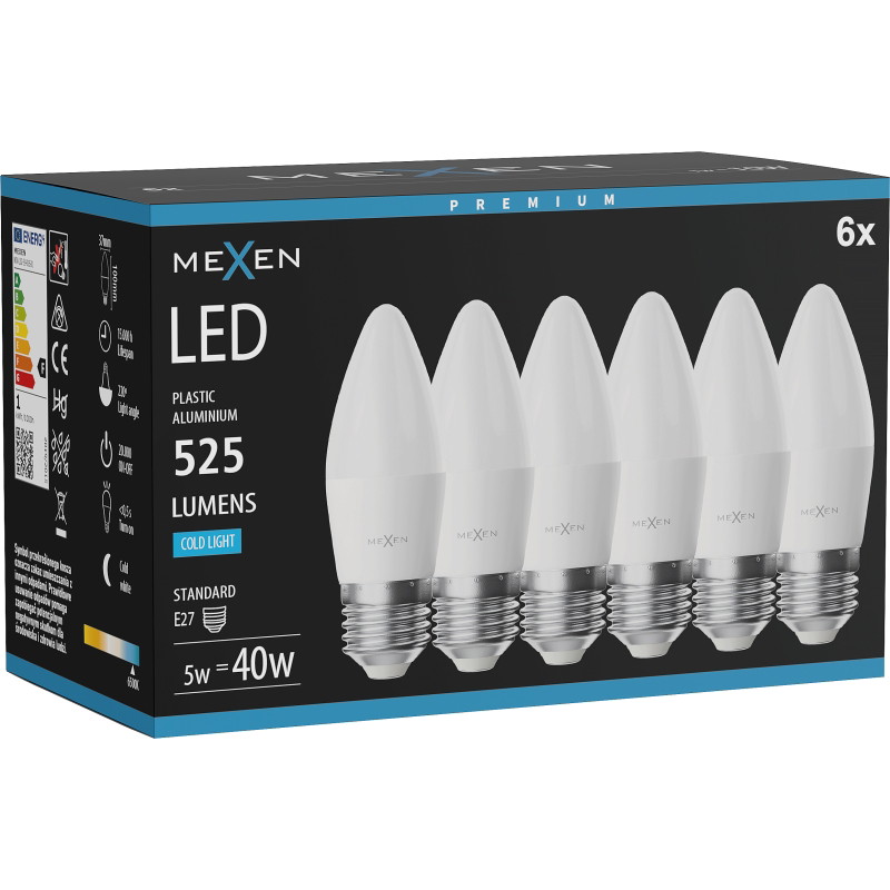 Mexen Nova 6x LED-lampa E27, C37, 5W, Kall - 6500K, 525 lm - L102-E27-0565-01x06
