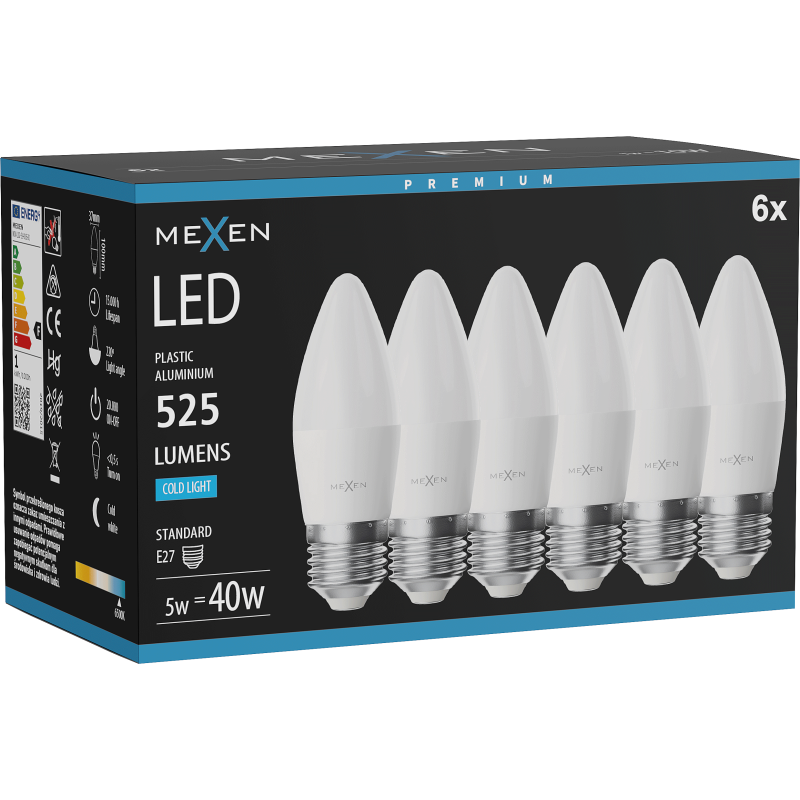 Mexen Nova 6x LED-lamppu E27, C37, 5W, Kylmä - 6500K, 525 lm - L102-E27-0565-01x06
