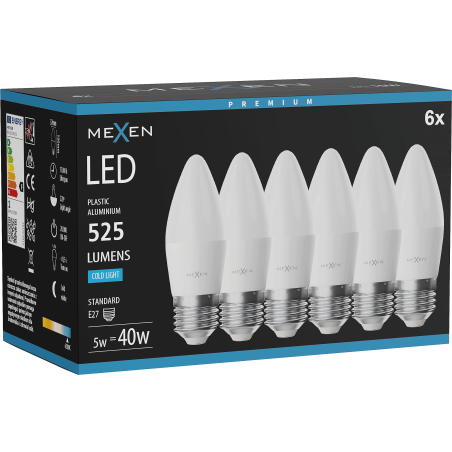 Mexen Nova 6x Bombilla LED E27, C37, 5W, Fría - 6500K, 525 lm - L102-E27-0565-01x06
