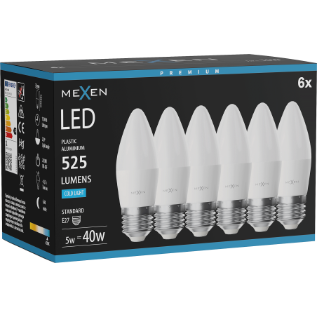 Mexen Nova 6x LED-Lampe E27, C37, 5W, Kalt - 6500K, 525 lm - L102-E27-0565-01x06