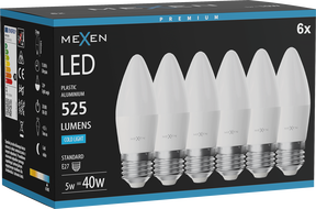 Mexen Nova 6x LED-lamp E27, C37, 5W, Koud - 6500K, 525 lm - L102-E27-0565-01x06