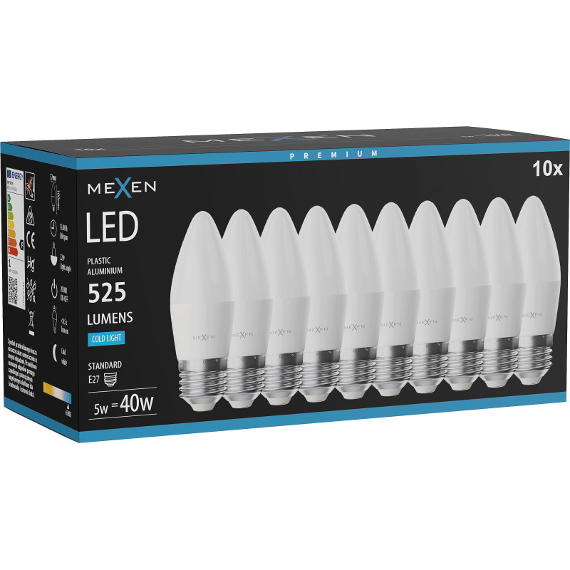 Mexen Nova 10x Bombilla LED E27, C37, 5W, Fría - 6500K, 525 lm - L102-E27-0565-01x10