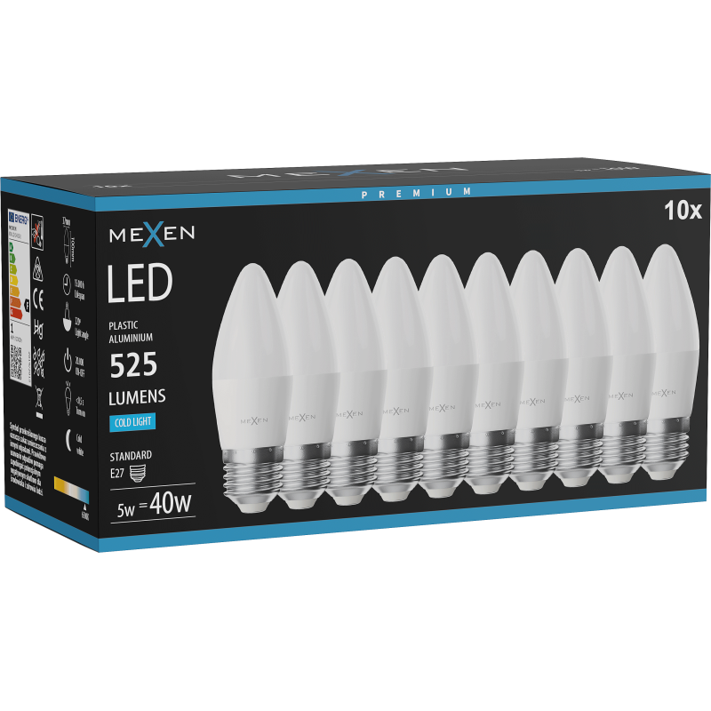 Mexen Nova 10x żarówka LED E27, C37, 5W, Zimna - 6500K, 525 lm - L102-E27-0565-01x10