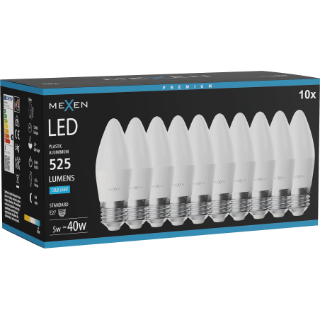Mexen Nova 10x LED-Glühbirne E27, C37, 5W, Kalt - 6500K, 525 lm - L102-E27-0565-01x10