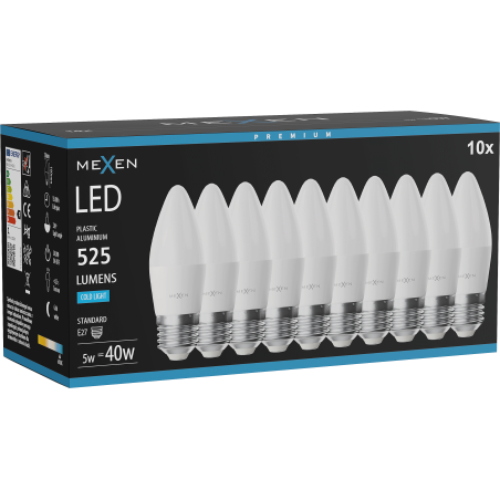 Mexen Nova 10x LED-lampa E27, C37, 5W, Kall - 6500K, 525 lm - L102-E27-0565-01x10
