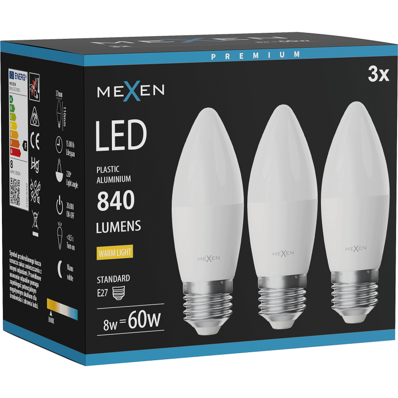 Mexen Nova 3x LED-Luucht E27, C37, 8W, Wärme - 3000K, 840 lm - L102-E27-0830-01x03