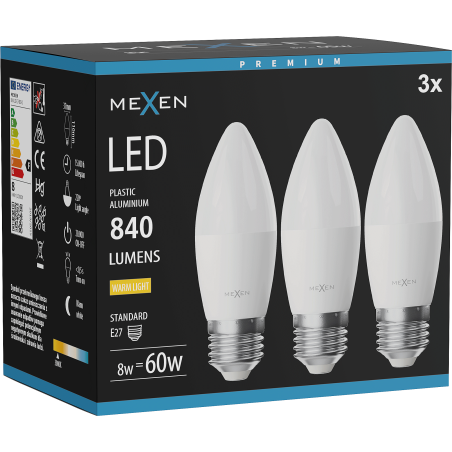 Mexen Nova 3x Ampoule LED E27, C37, 8W, Chaude - 3000K, 840 lm - L102-E27-0830-01x03