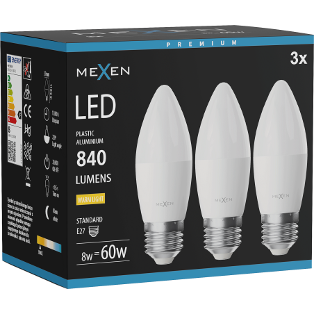 Mexen Nova 3x LED-glödlampa E27, C37, 8W, Varm - 3000K, 840 lm - L102-E27-0830-01x03