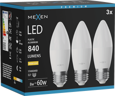 Mexen Nova 3x LED-lamp E27, C37, 8W, Soe - 3000K, 840 lm - L102-E27-0830-01x03