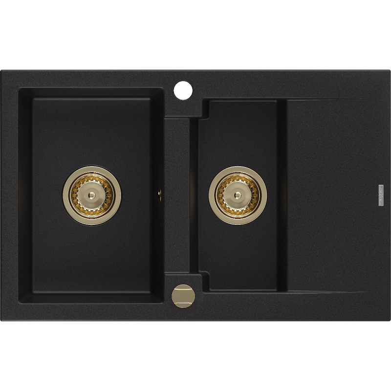 Mexen Gaspar fregadero de granito de 1,5 senos con escurridor 737 x 475 mm, negro, sifón dorado - 6507731505-77-G