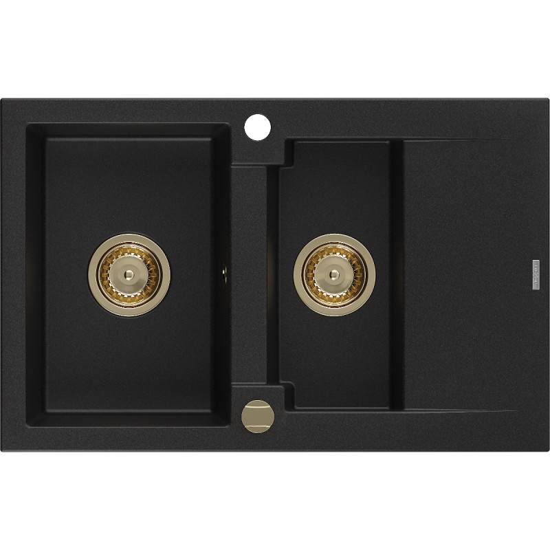 Mexen Gaspar granitische gootsteen 1,5-komorige met afdruiprek 737 x 475 mm, zwart, gouden sifon - 6507731505-77-G