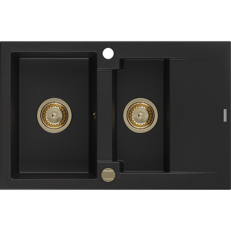 Mexen Gaspar granitno pomivalno korito 1,5-komorno z odcejalnikom 737 x 475 mm, črno, sifon zlati - 6507731505-77-G