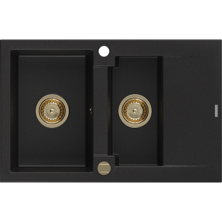 Mexen Gaspar granitische gootsteen 1,5-komorige met afdruiprek 737 x 475 mm, zwart, gouden sifon - 6507731505-77-G