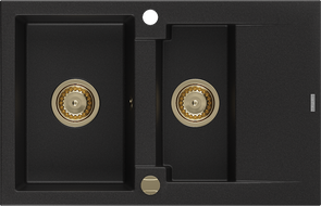 Mexen Gaspar Granitspüle 1,5-Becken mit Abtropffläche 737 x 475 mm, schwarz, goldener Siphon - 6507731505-77-G
