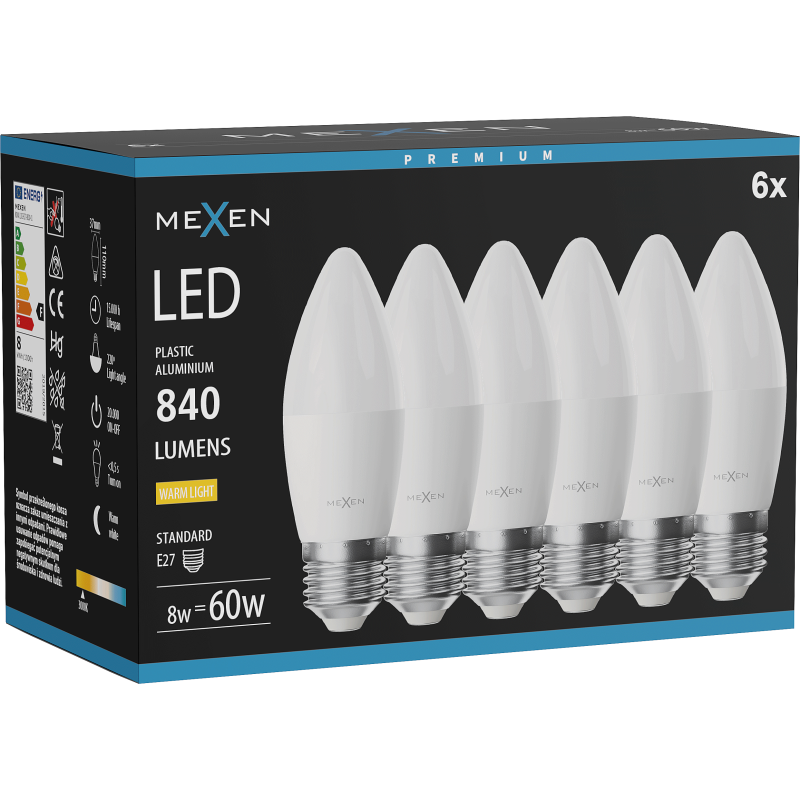 Mexen Nova 6x LED spuldze E27, C37, 8W, Silta - 3000K, 840 lm - L102-E27-0830-01x06