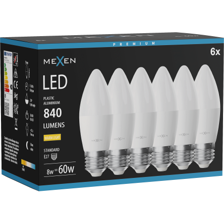 Mexen Nova 6x Bombilla LED E27, C37, 8W, Cálida - 3000K, 840 lm - L102-E27-0830-01x06