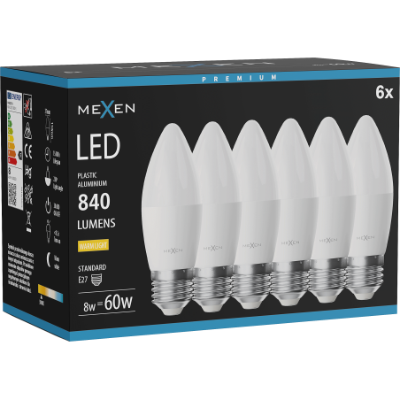 Mexen Nova 6x LED spuldze E27, C37, 8W, Silta - 3000K, 840 lm - L102-E27-0830-01x06