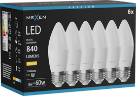 Mexen Nova 6x LED-lamppu E27, C37, 8W, Lämmin - 3000K, 840 lm - L102-E27-0830-01x06