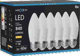 Mexen Nova 6x LED spuldze E27, C37, 8W, Silta - 3000K, 840 lm - L102-E27-0830-01x06