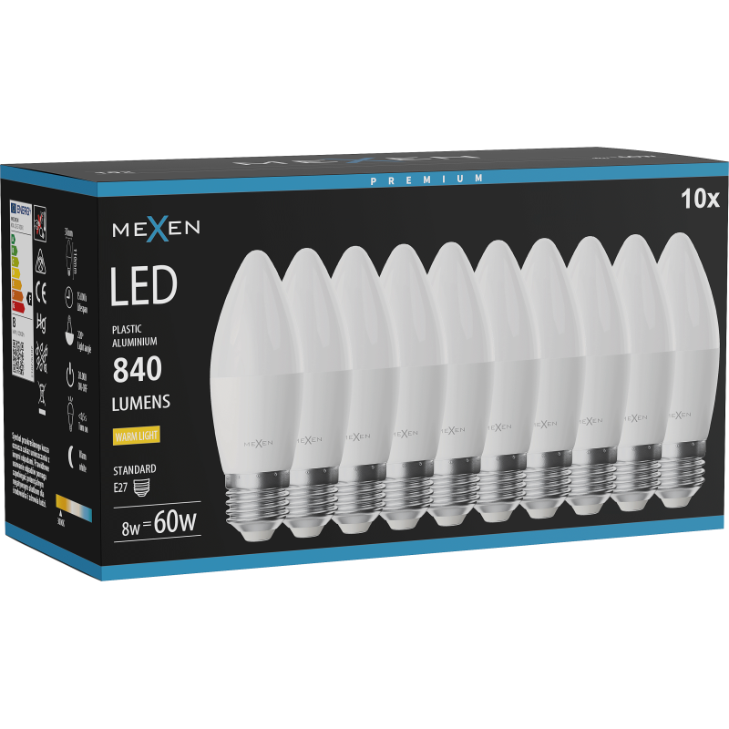 Mexen Nova 10x żarówka LED E27, C37, 8W, Ciepła - 3000K, 840 lm - L102-E27-0830-01x10