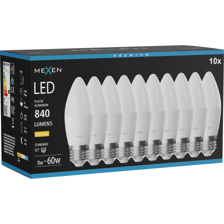 Mexen Nova 10x Bombilla LED E27, C37, 8W, Cálida - 3000K, 840 lm - L102-E27-0830-01x10