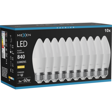Mexen Nova 10x LED-lamppu E27, C37, 8W, Lämmin - 3000K, 840 lm - L102-E27-0830-01x10