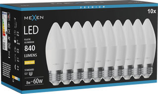 Mexen Nova 10x LED-lamp E27, C37, 8W, Soe - 3000K, 840 lm - L102-E27-0830-01x10