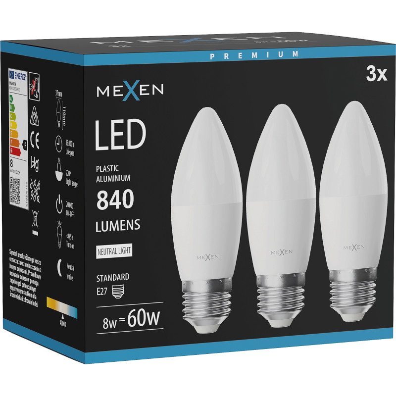 Mexen Nova 3x Bombilla LED E27, C37, 8W, Neutra - 4000K, 840 lm - L102-E27-0840-01x03