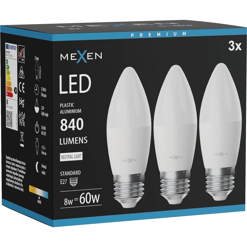 Mexen Nova 3x LED-lampa E27, C37, 8W, Neutral - 4000K, 840 lm - L102-E27-0840-01x03