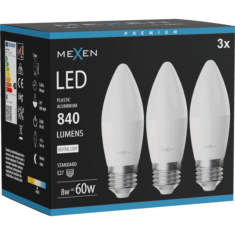Mexen Nova 3x LED žarnica E27, C37, 8W, Nevtralna - 4000K, 840 lm - L102-E27-0840-01x03