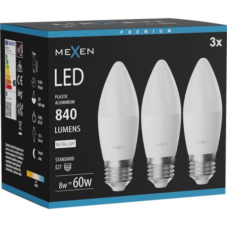 Mexen Nova 3x Bombilla LED E27, C37, 8W, Neutra - 4000K, 840 lm - L102-E27-0840-01x03